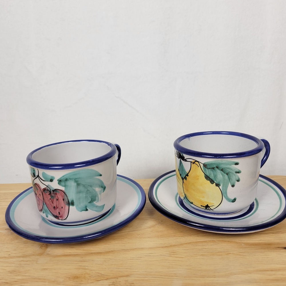 Vietri‎ Italy Cups Saucers Set 2 Hand Painted Fruit Strawberry Pear Rustic